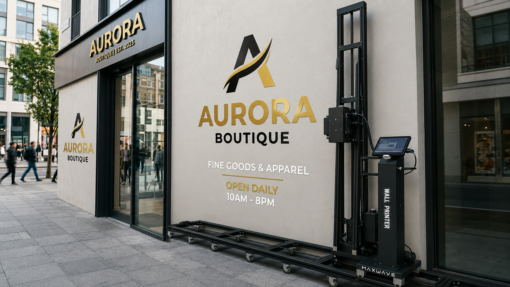 UV wall printer config output — durable, glossy UV-cured storefront and signage graphics