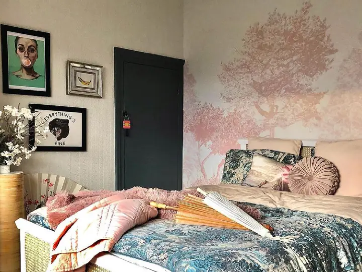 A printed feature-wall mural in a residential interior