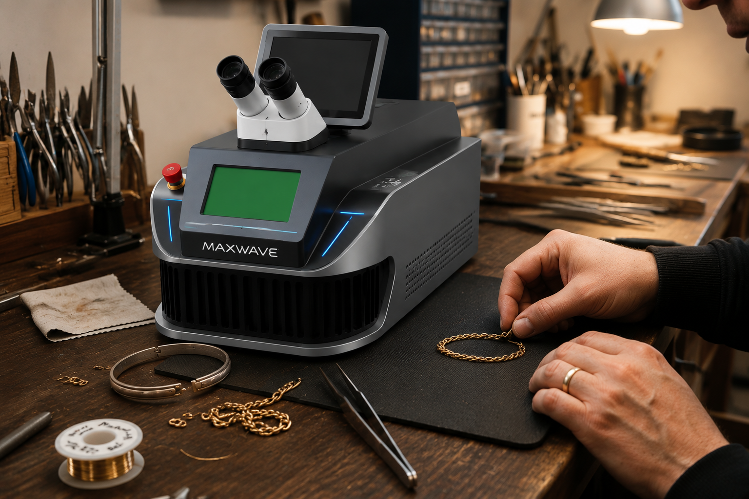 Jewelry welding kit workbench with laser welder, fixtures, and safety accessories