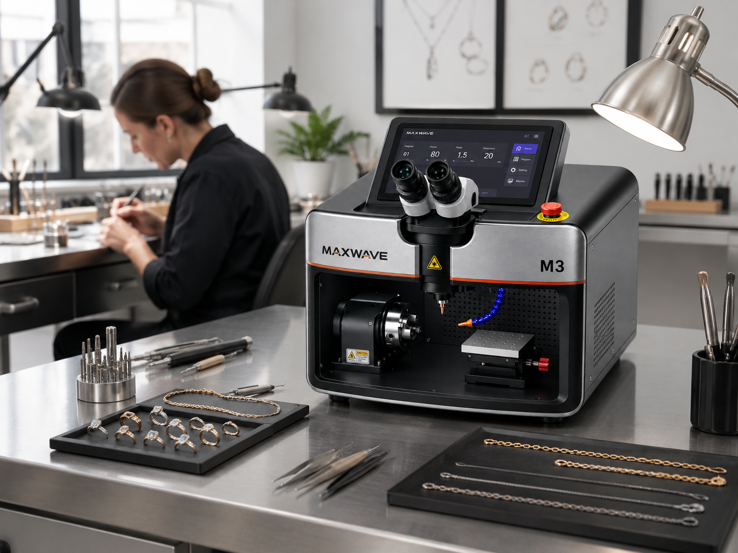 Jewelry laser welder for chain and bracelet repair on a bench