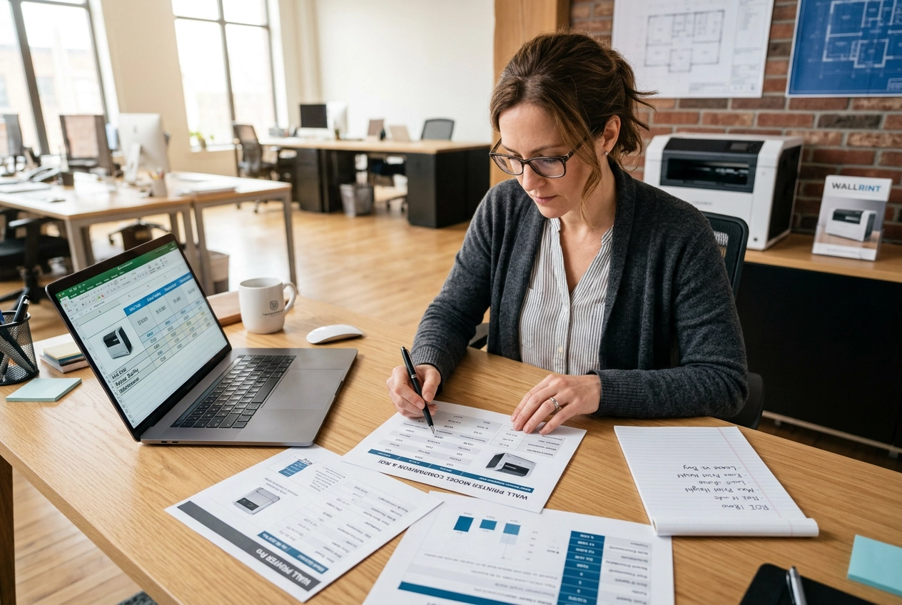 Business owner reviewing wall printer specifications and cost calculations at a desk