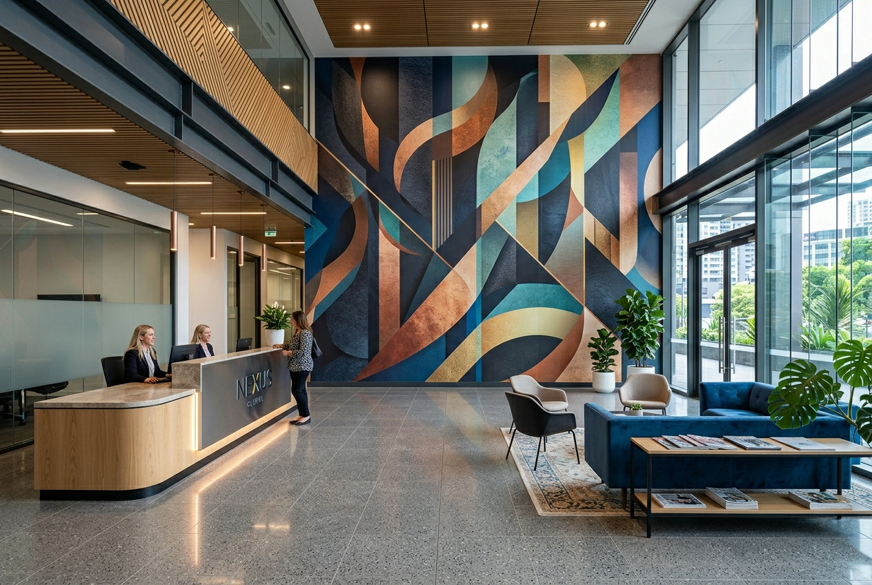 Commercial reception feature wall showing printed mural quality at scale