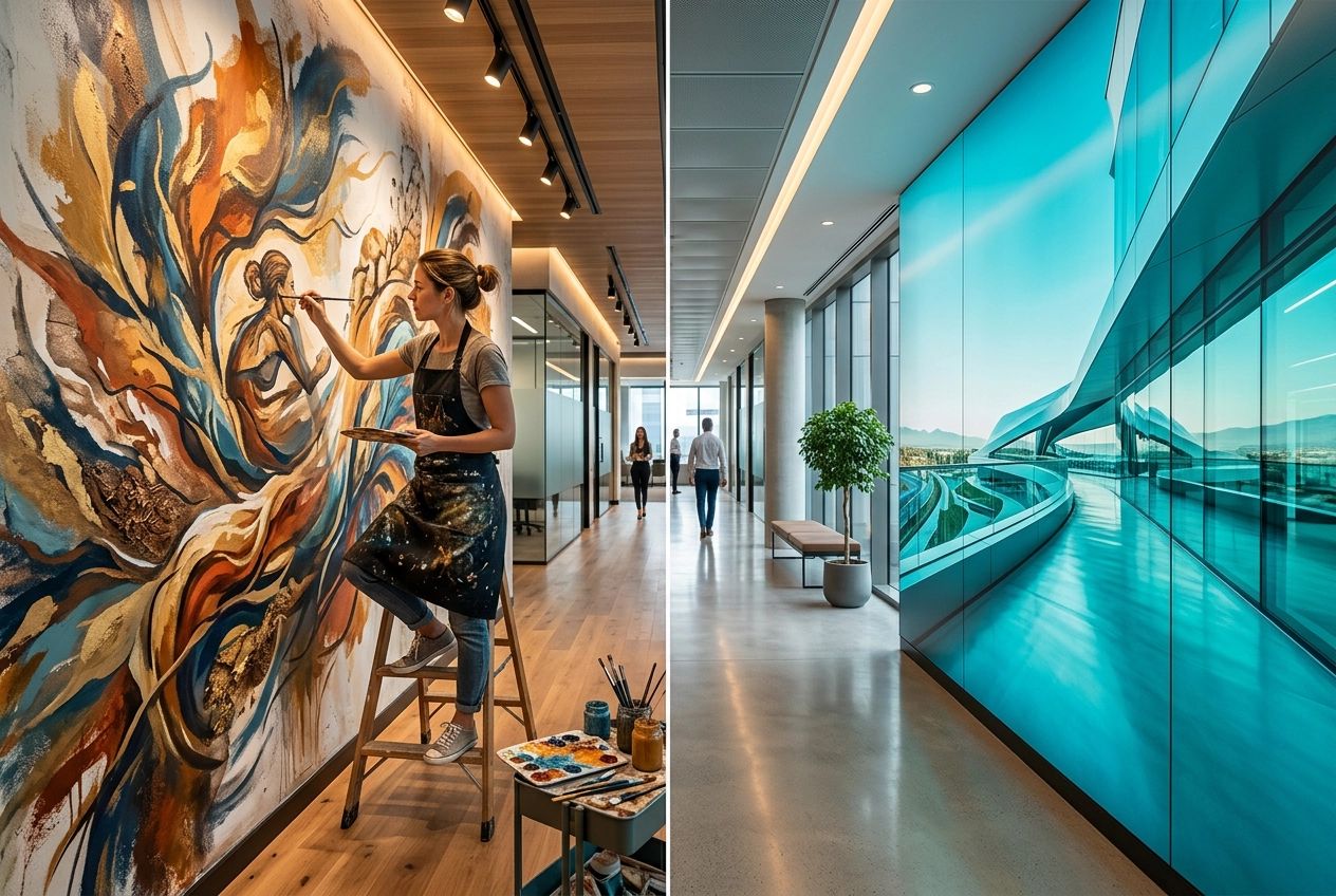 Split view showing hand-painted hero mural alongside digitally printed corridor artwork in same commercial project