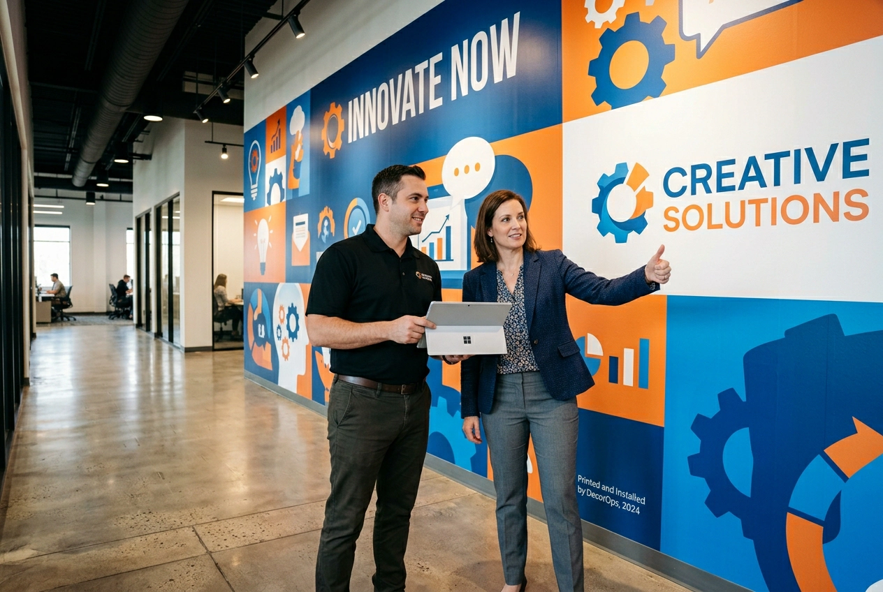 Advertising decor operator reviewing printed brand wall with client during sign-off step