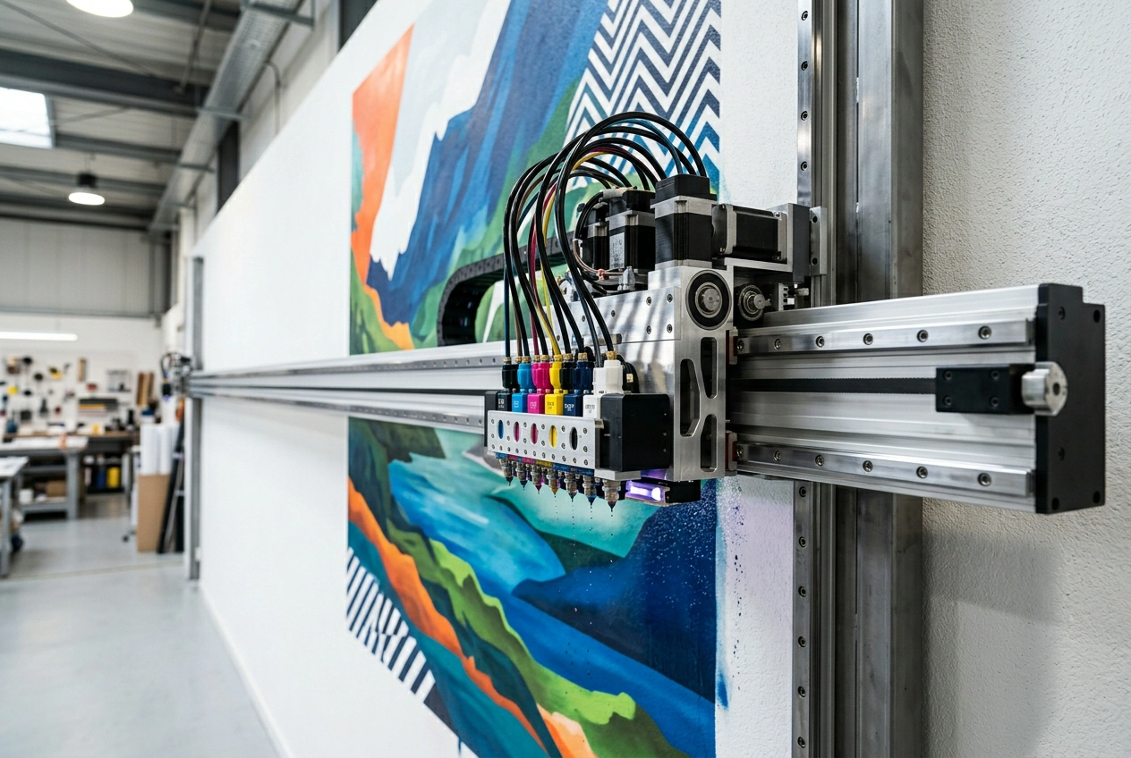 Close-up of the WallPrintBox mural printer print head assembly at full 4m extension on a commercial wall
