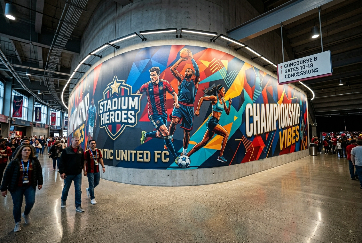 Stadium concourse wall with large-format mural printed at full width