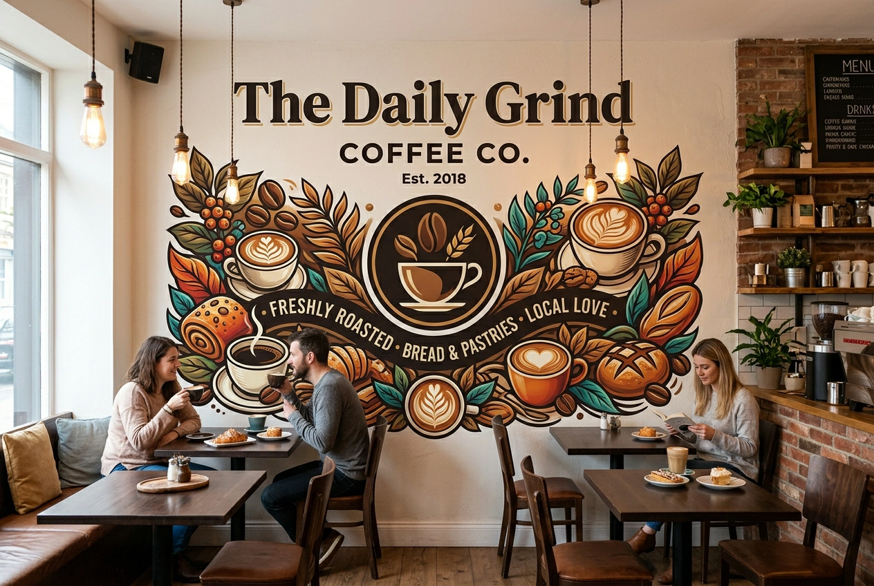 Cafe brand wall printed on a 8-20 m² interior cafe wall