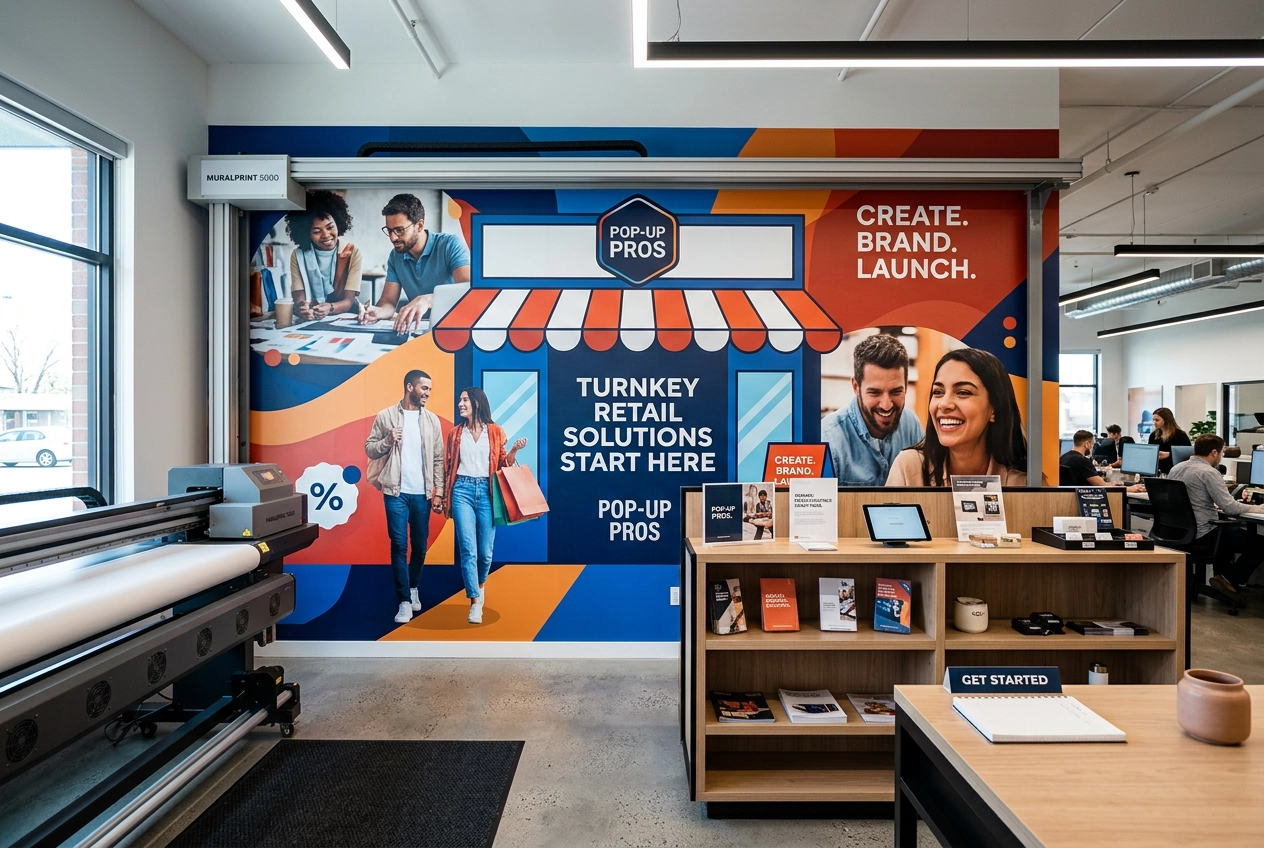 Retail storefront pop-up window wall printed on a 4-12 m² interior shop wall