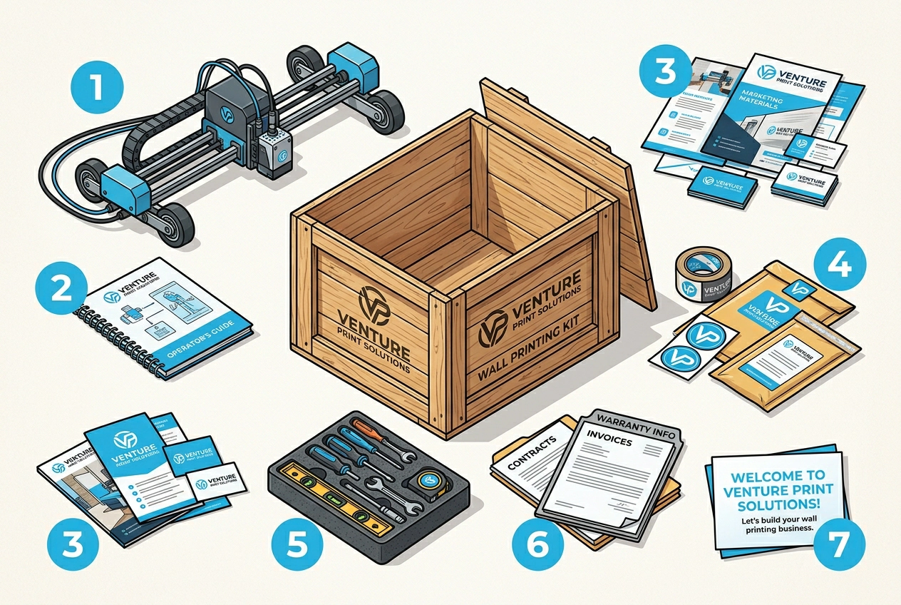 Illustration of an open wooden shipping crate with 7 numbered items laid out around it