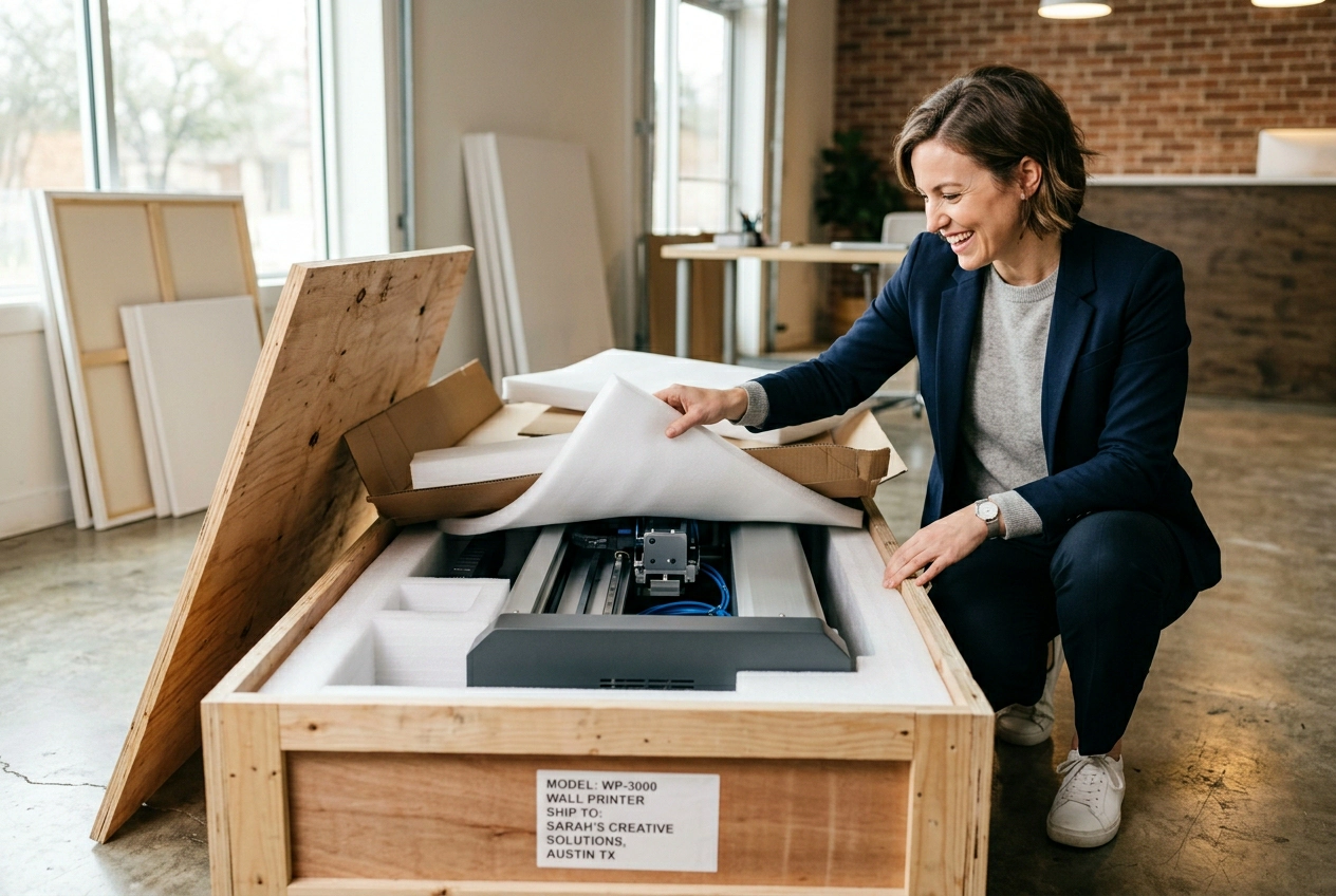Buyer kneeling next to an opened wall printer shipping crate at minute 00:30 with the lid open and foam protector visible