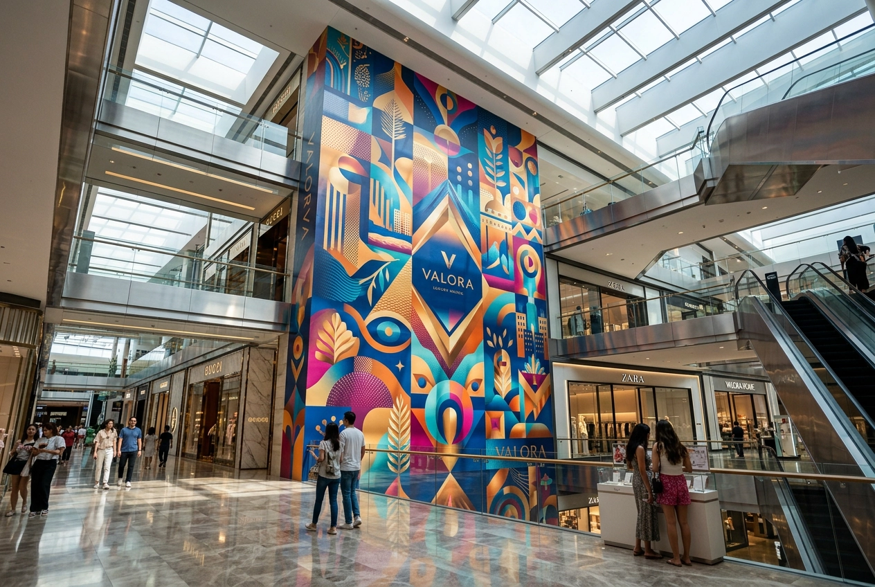 Shopping centre atrium feature wall with large-format brand mural