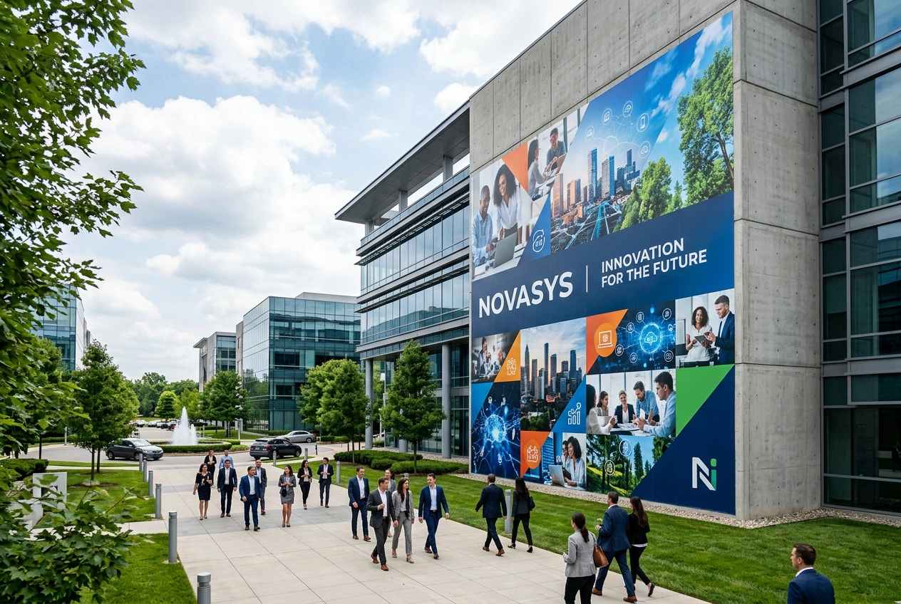 Corporate campus exterior building side with large brand mural