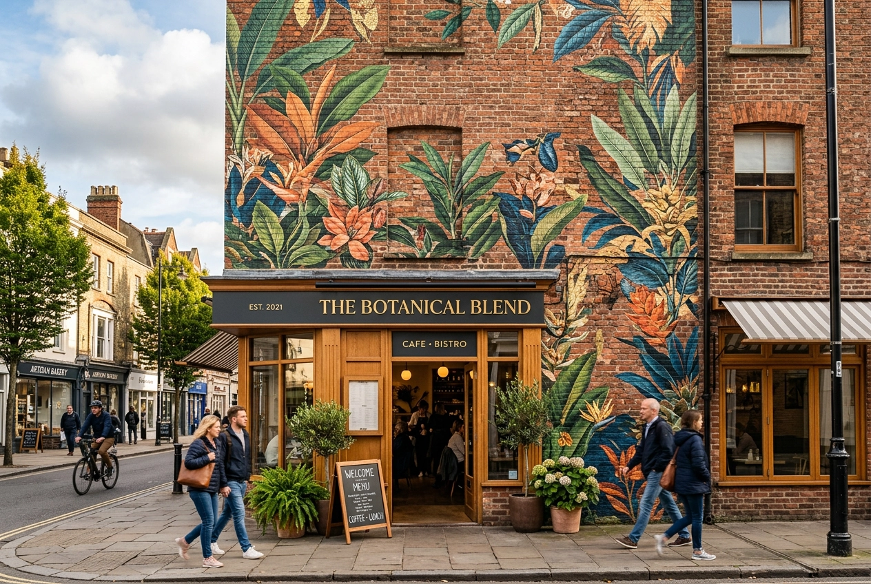 High-street café exterior with branded mural on brick façade