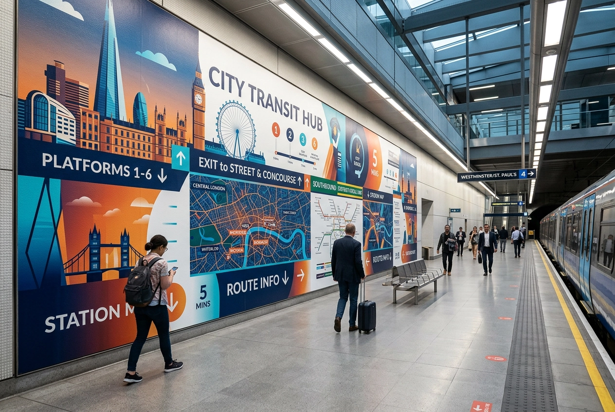 Transit station platform wall with large-format wayfinding mural printed at 4m width