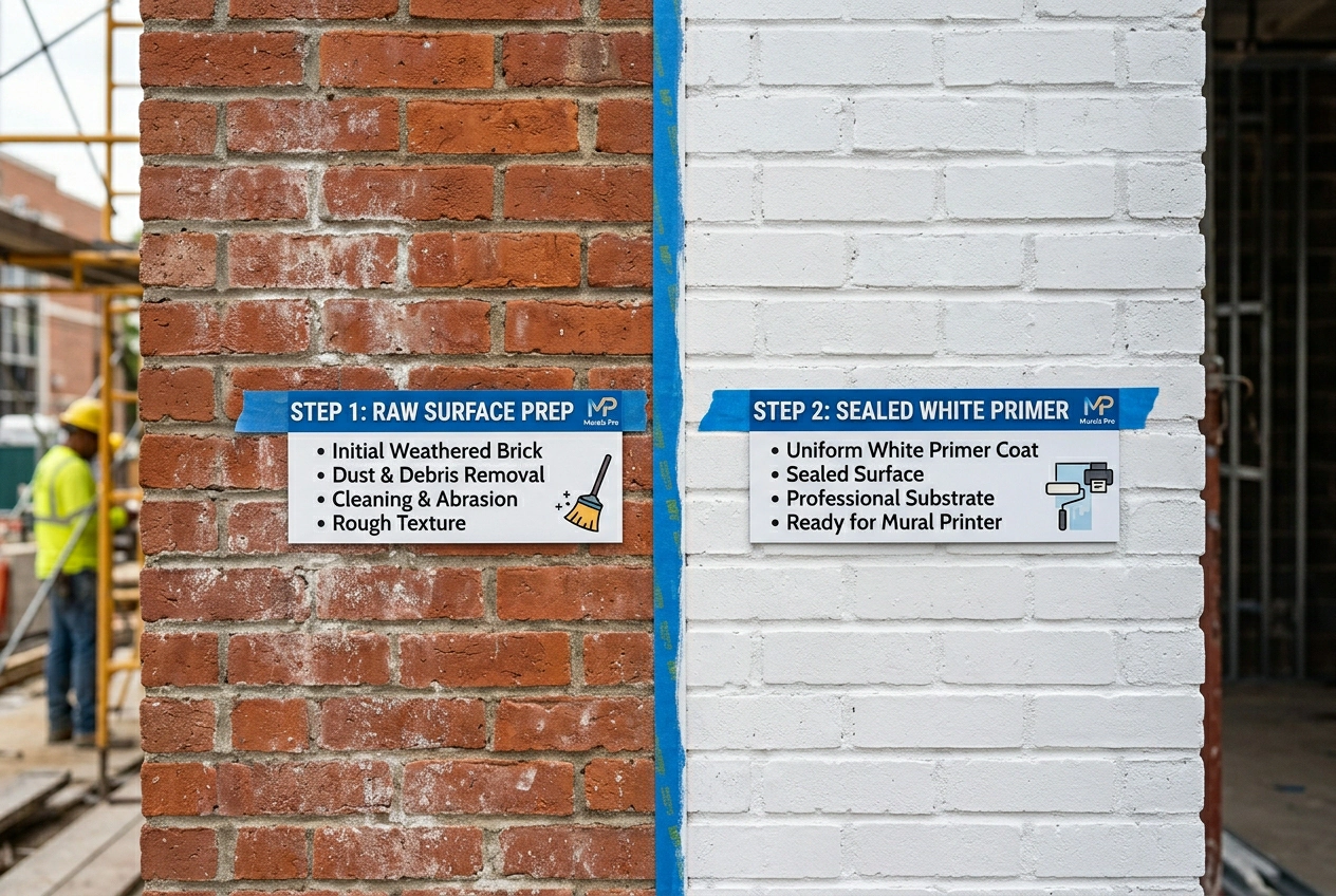 Exterior brick wall showing the two-stage preparation process before mural printer application