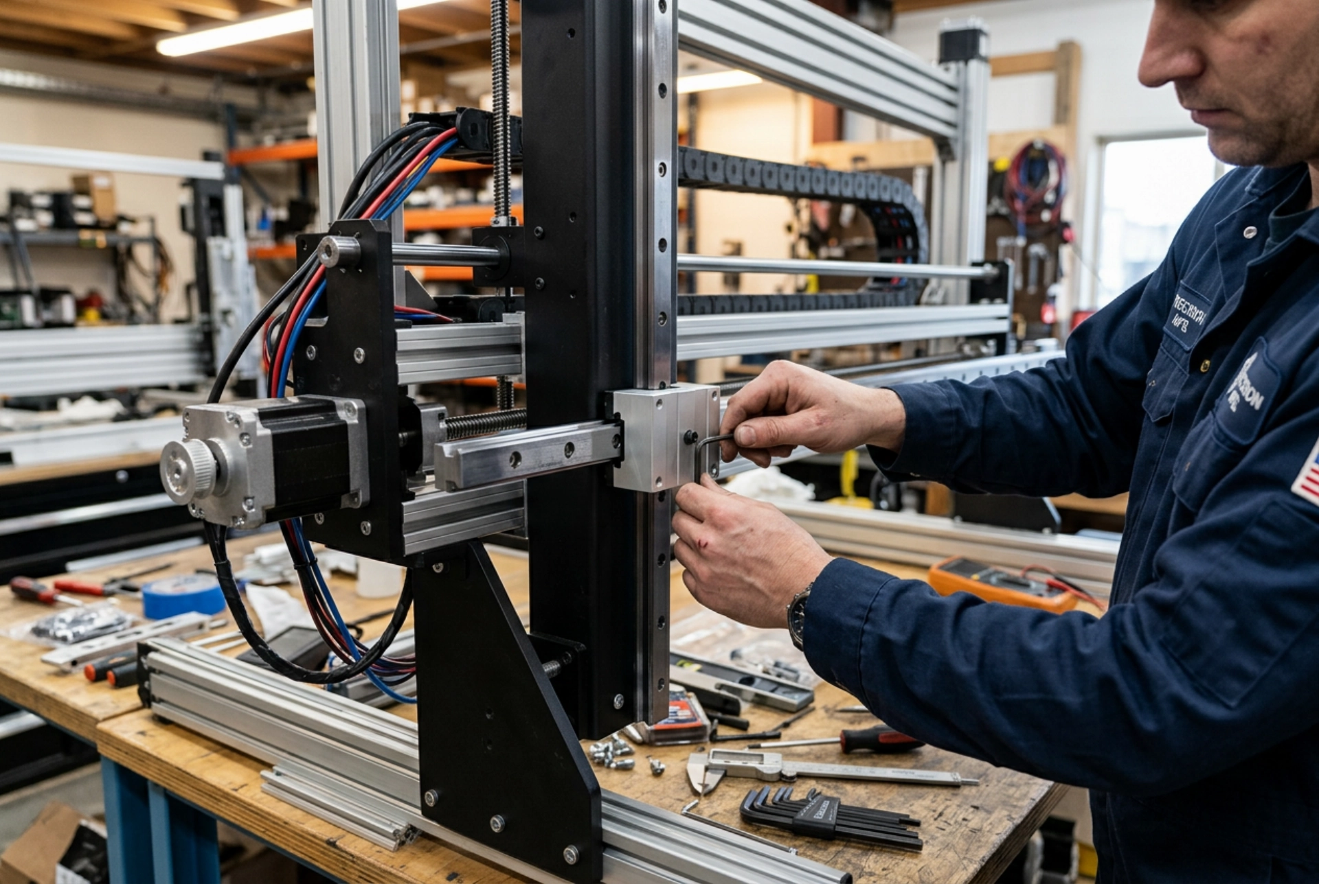 Close-up of a workstation showing technician's hands aligning a Y-axis rail on a half-assembled WallPrintBox V2 Pro wall printer chassis