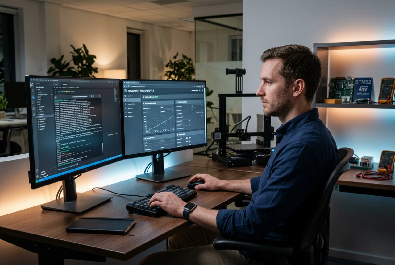 Wall printer firmware engineer at a dual-monitor workstation reviewing a firmware build