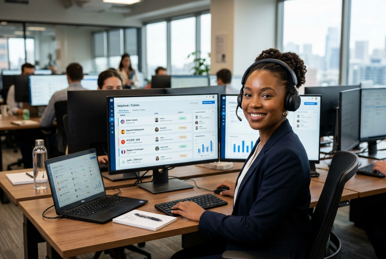 Multilingual partner-desk support staff at a headset workstation with a multilingual ticket queue on monitor