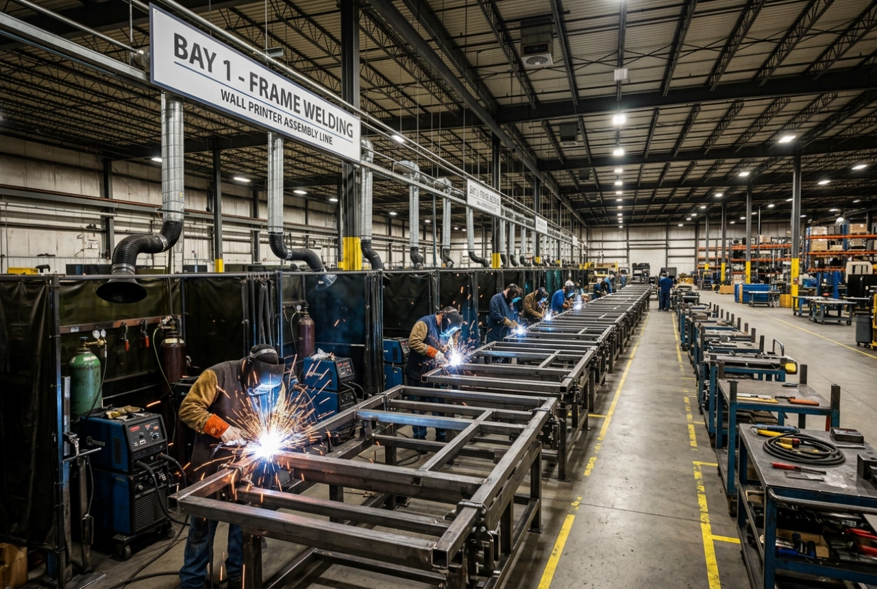 Bay 1 — frame welding station with a full row of incoming wall printer frames