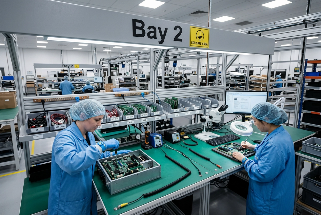 Bay 2 — mainboard install station with anti-static benches