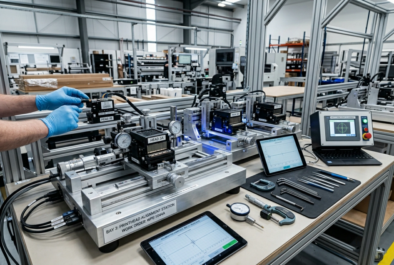 Bay 3 — printhead alignment workstation with calibration jigs visible