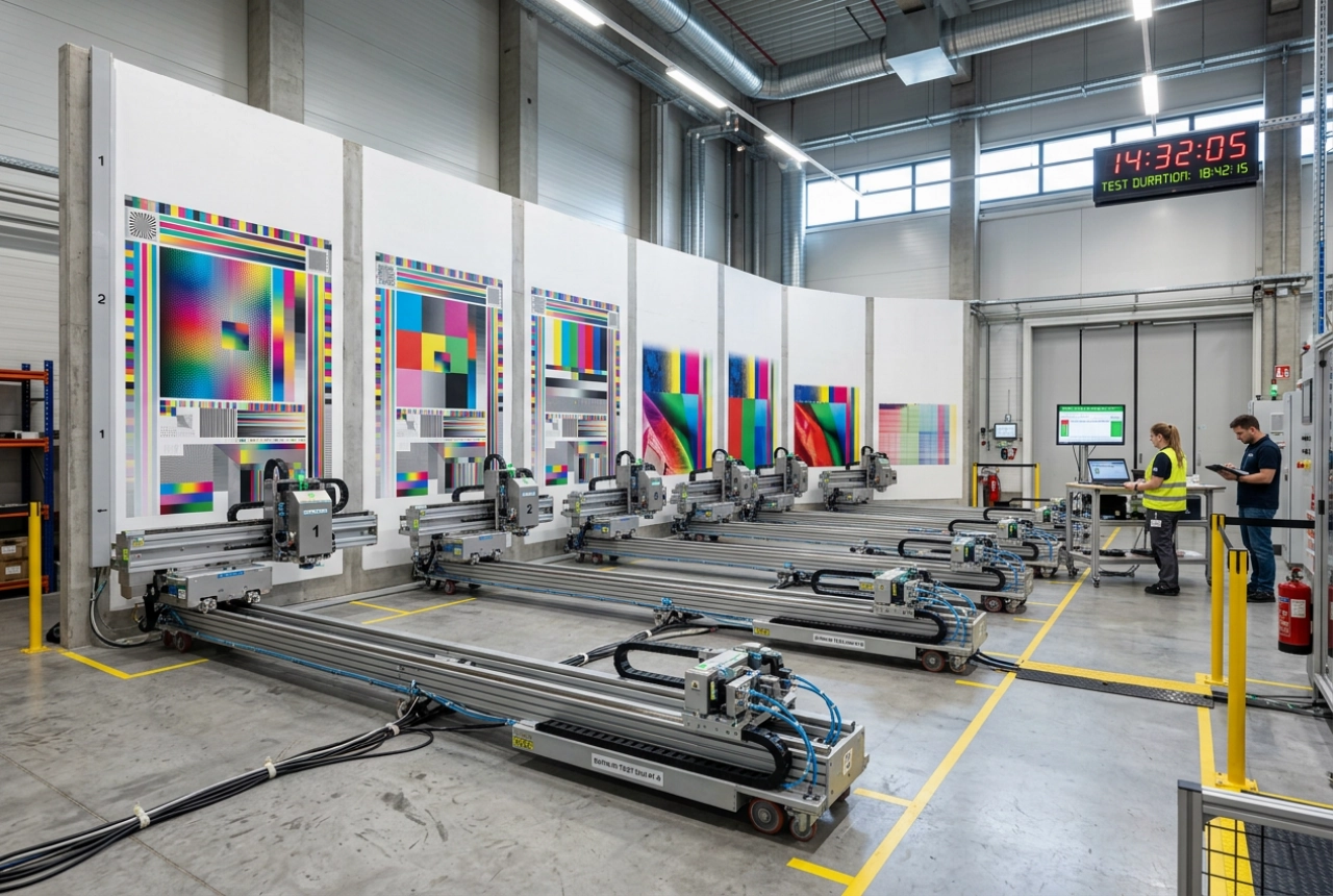 Burn-in room wide angle with 6 wall printer units running continuous print tests