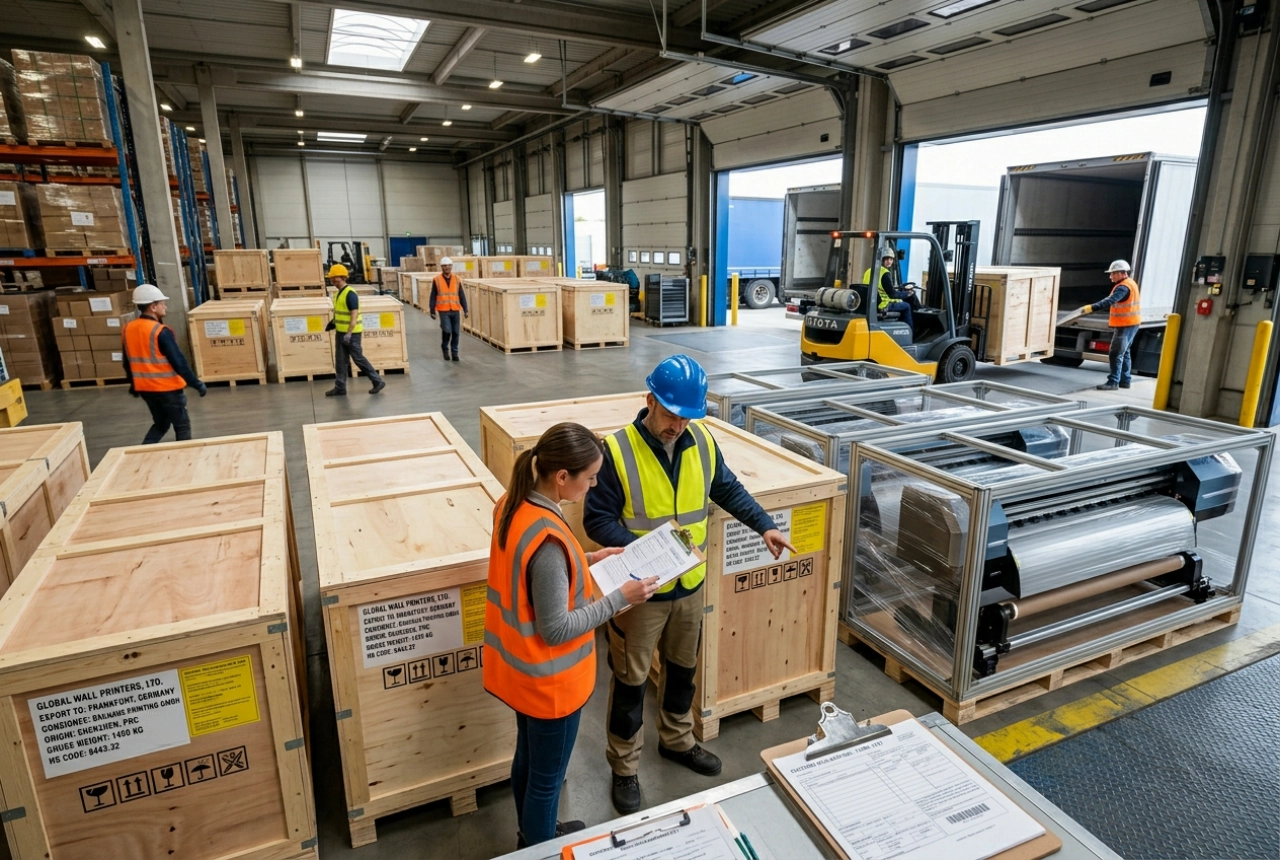 Loading dock with crated wall printer units staged for export and shipping documentation