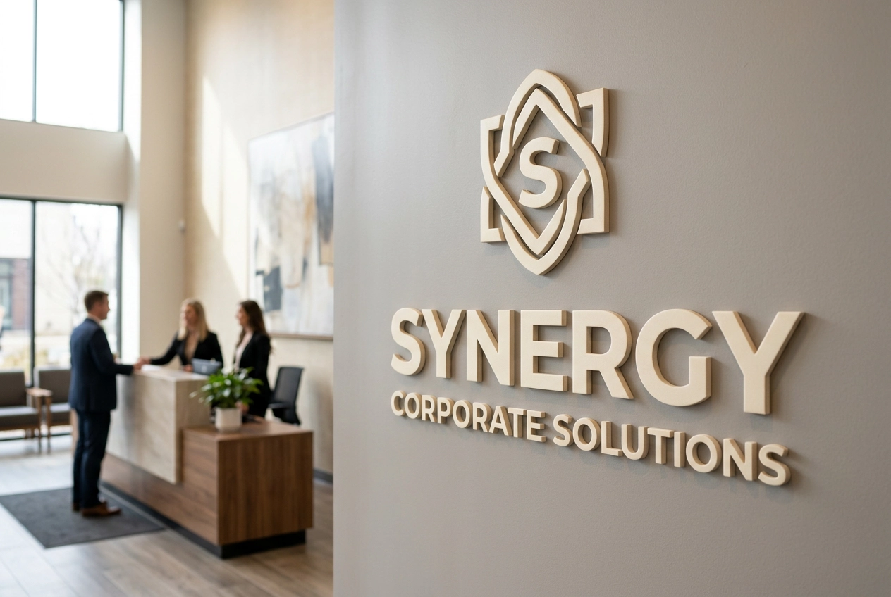 Embossed brand logo printed in relief on a reception wall