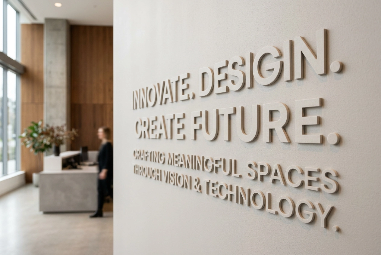 Dimensional raised text lettering on feature wall