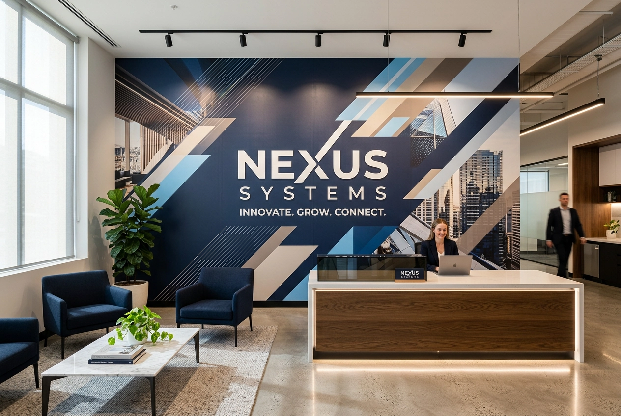Printed feature wall behind a corporate reception desk showing branded logo and full-height mural