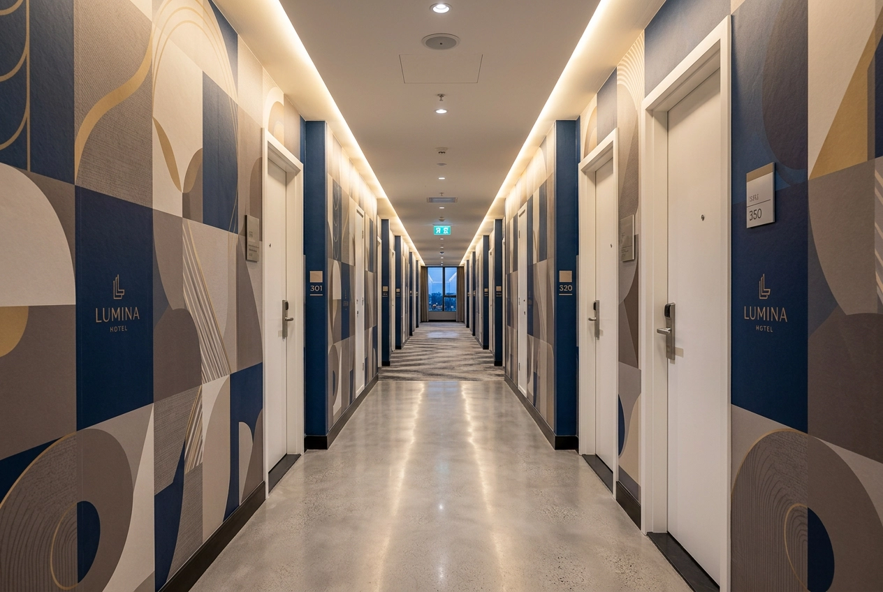 Hotel corridor showing uniform wall printing across multiple doors — consistent brand identity at scale