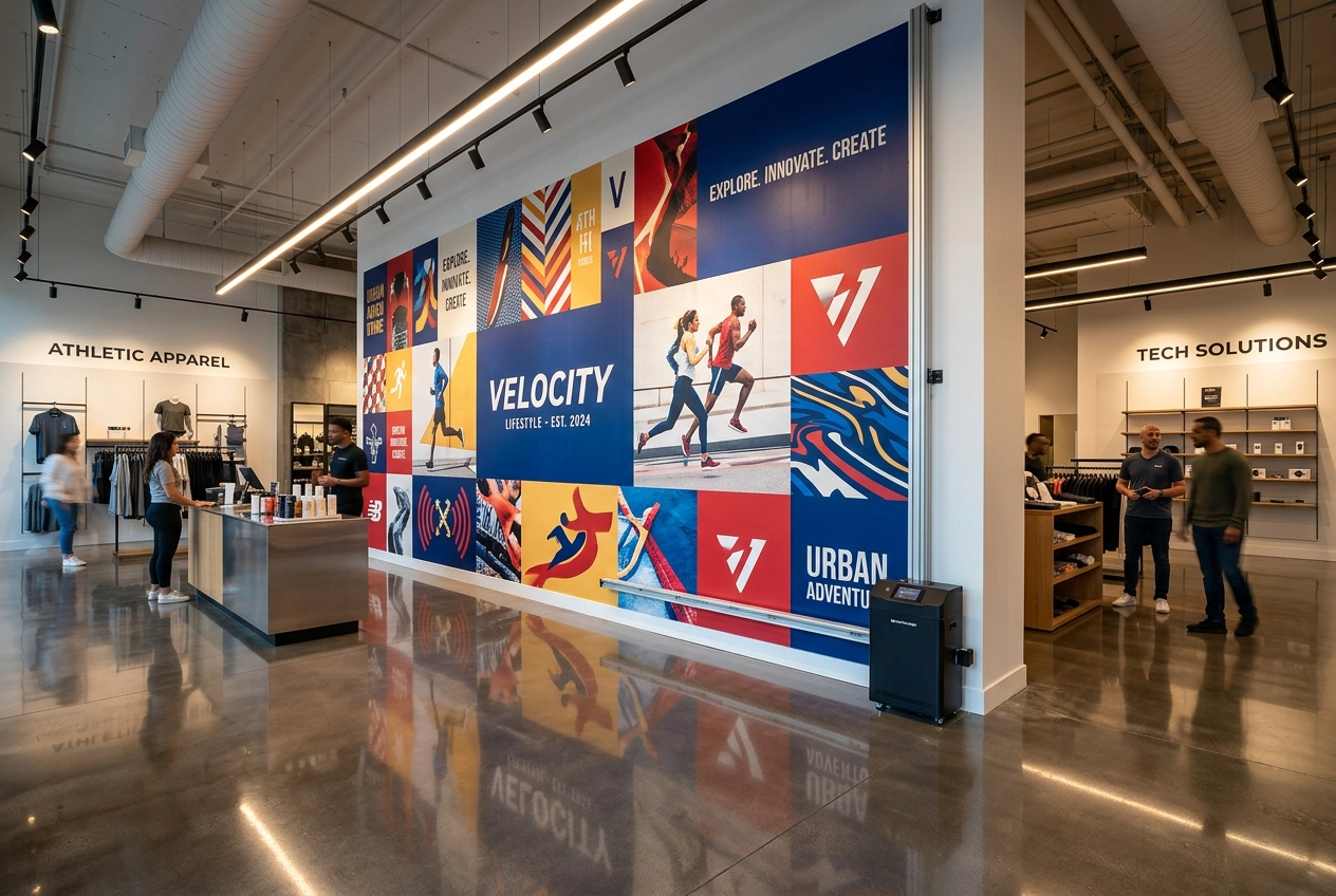 Retail store showing a printed brand wall installation — large-format graphics without traditional signage installation
