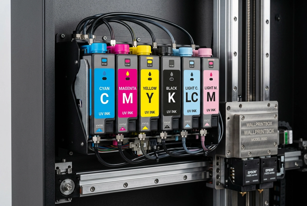 UV ink cartridge system installed in a vertical wall printer — 6-color CMYK plus light cyan and light magenta
