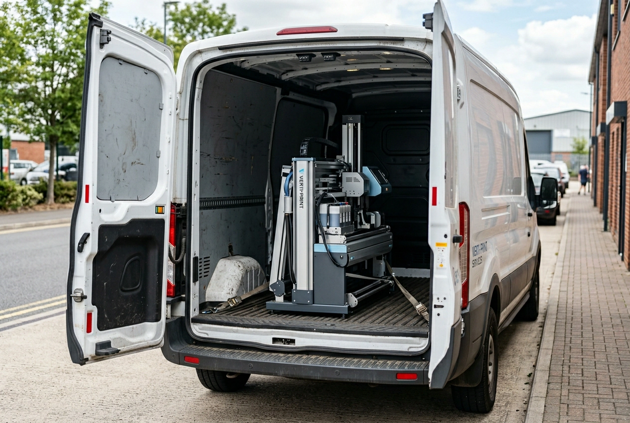 Vertical wall printer folded for transport in the rear of a standard mid-size van — demonstrating portability