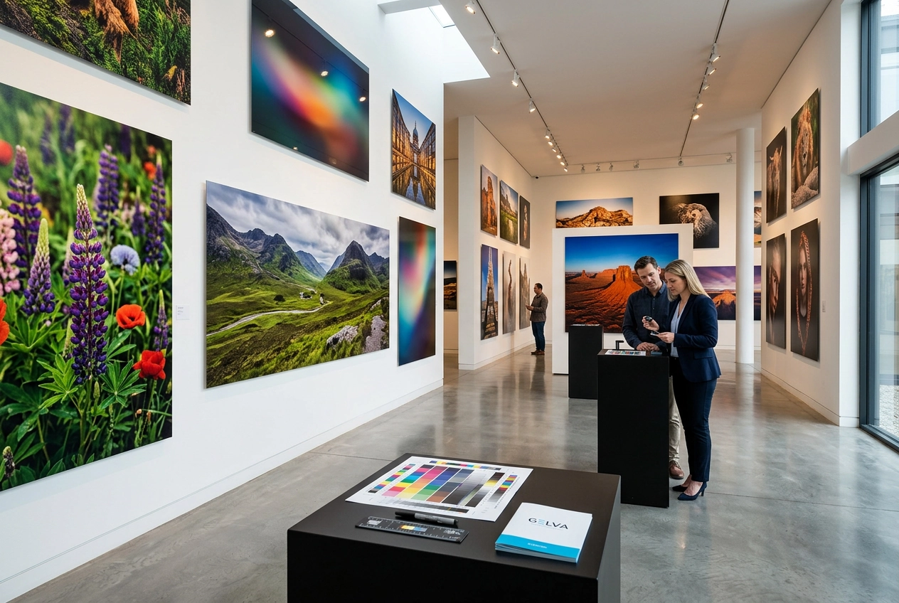Commercial art gallery with large-format inkjet wall prints — reproduction accuracy matching calibrated proof