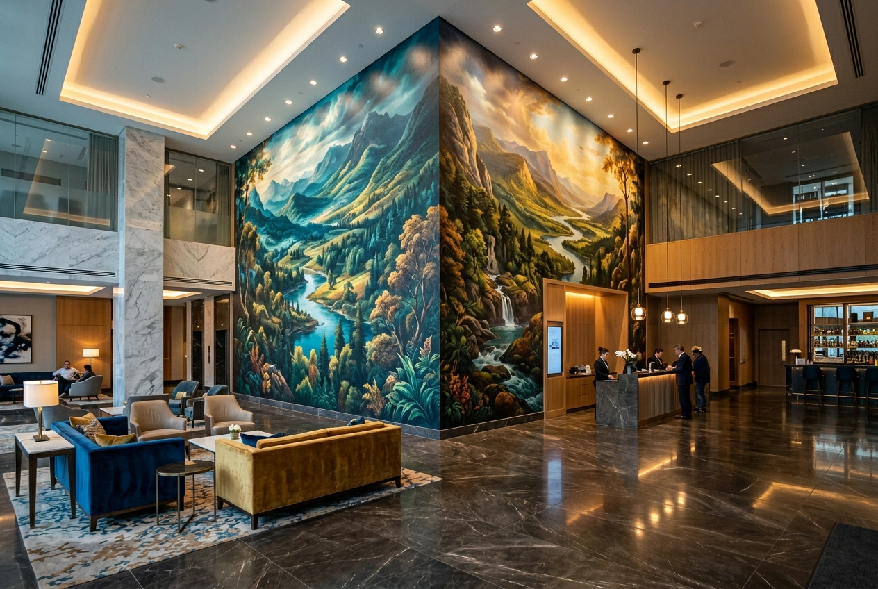 Luxury hotel lobby wall installation — photo-grade inkjet print covering a full feature wall in a hospitality setting