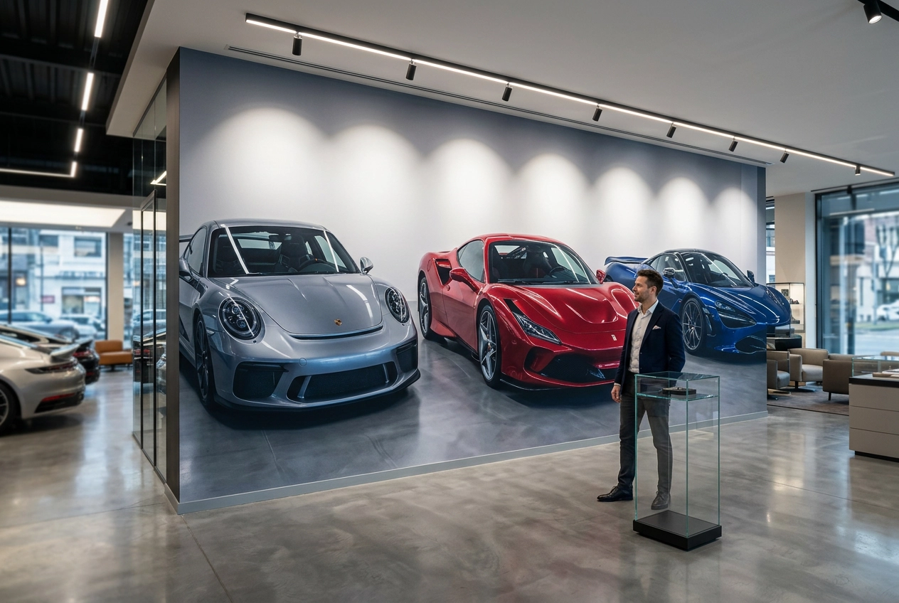 Automotive showroom with inkjet-printed product photography wall — precise colour rendering for brand campaign