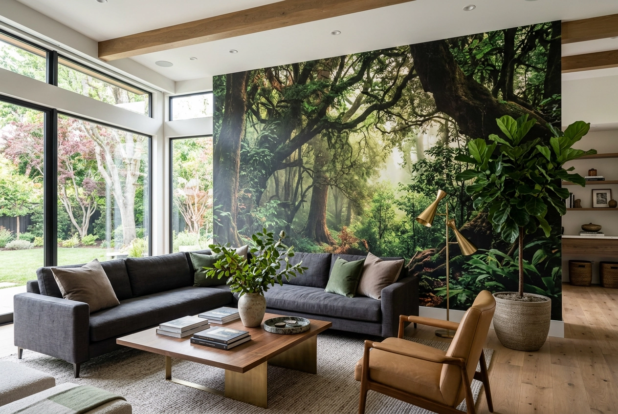 High-end residential interior showing a bespoke photo-mural on a feature wall — designer commission job