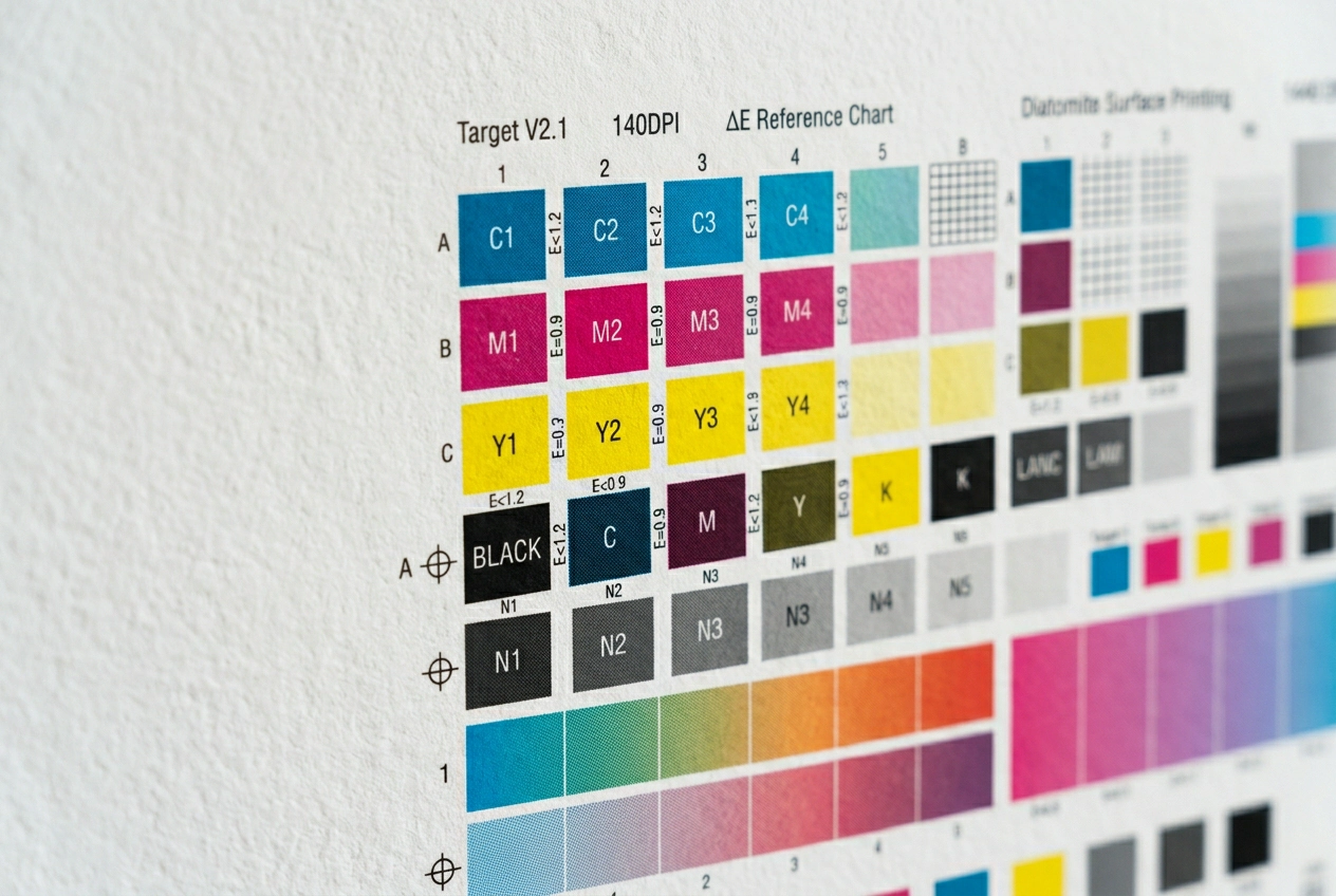 Smooth diatomite wall surface showing high-resolution inkjet output — reference calibration surface for Delta-E measurement