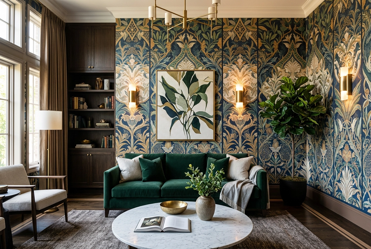 Luxury residential interior with bespoke custom wallpaper panels