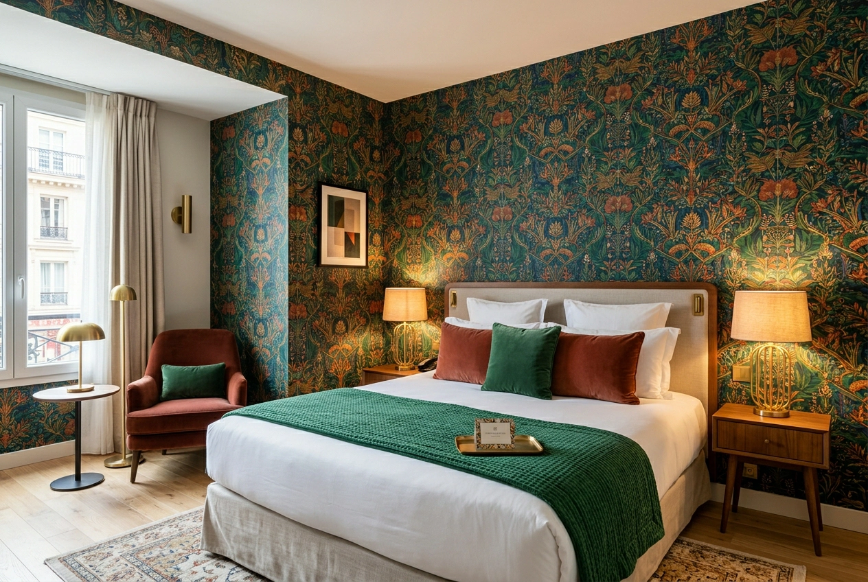 Hotel room with unique brand identity custom wallpaper