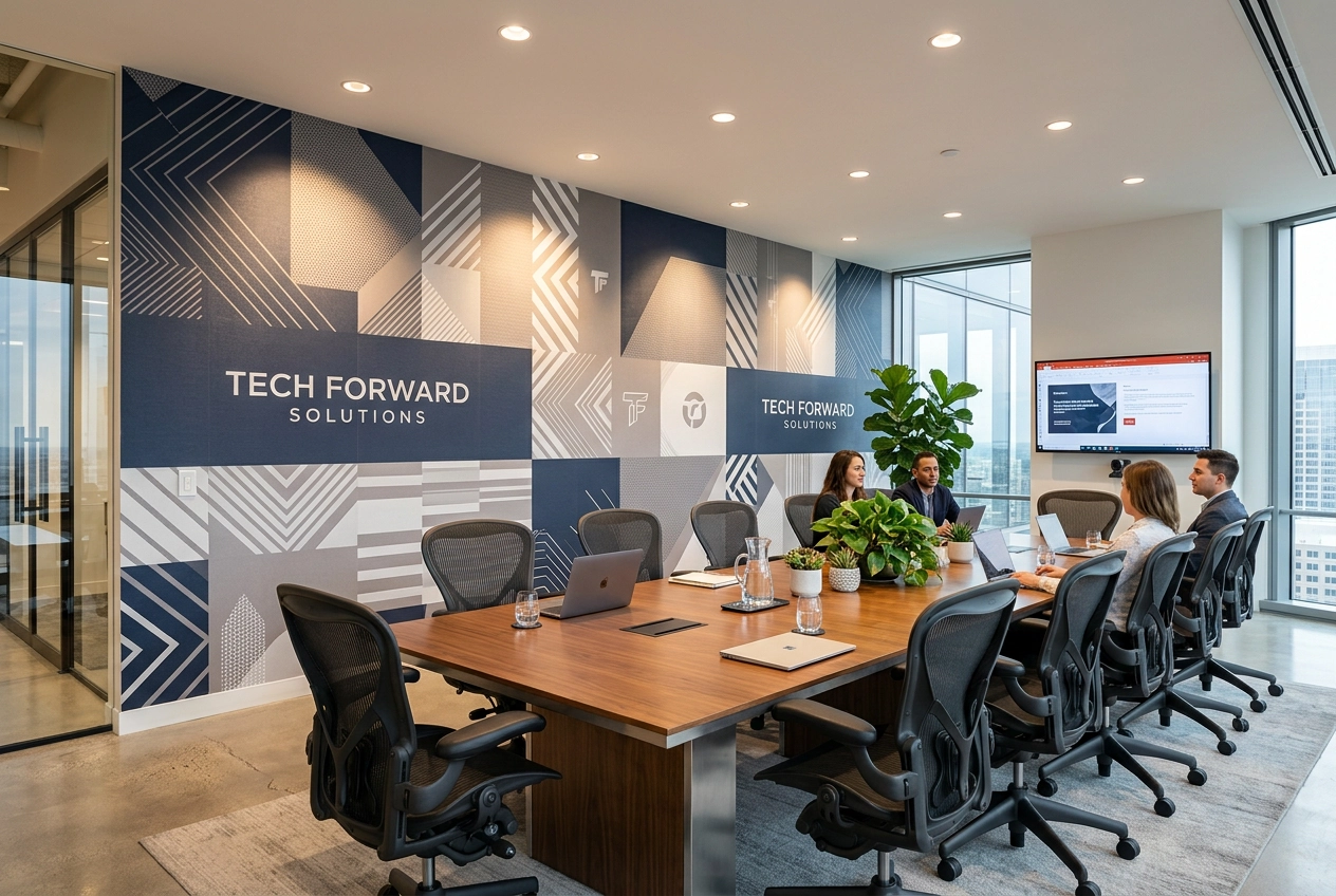 Premium office meeting room feature wall with brand wallcovering