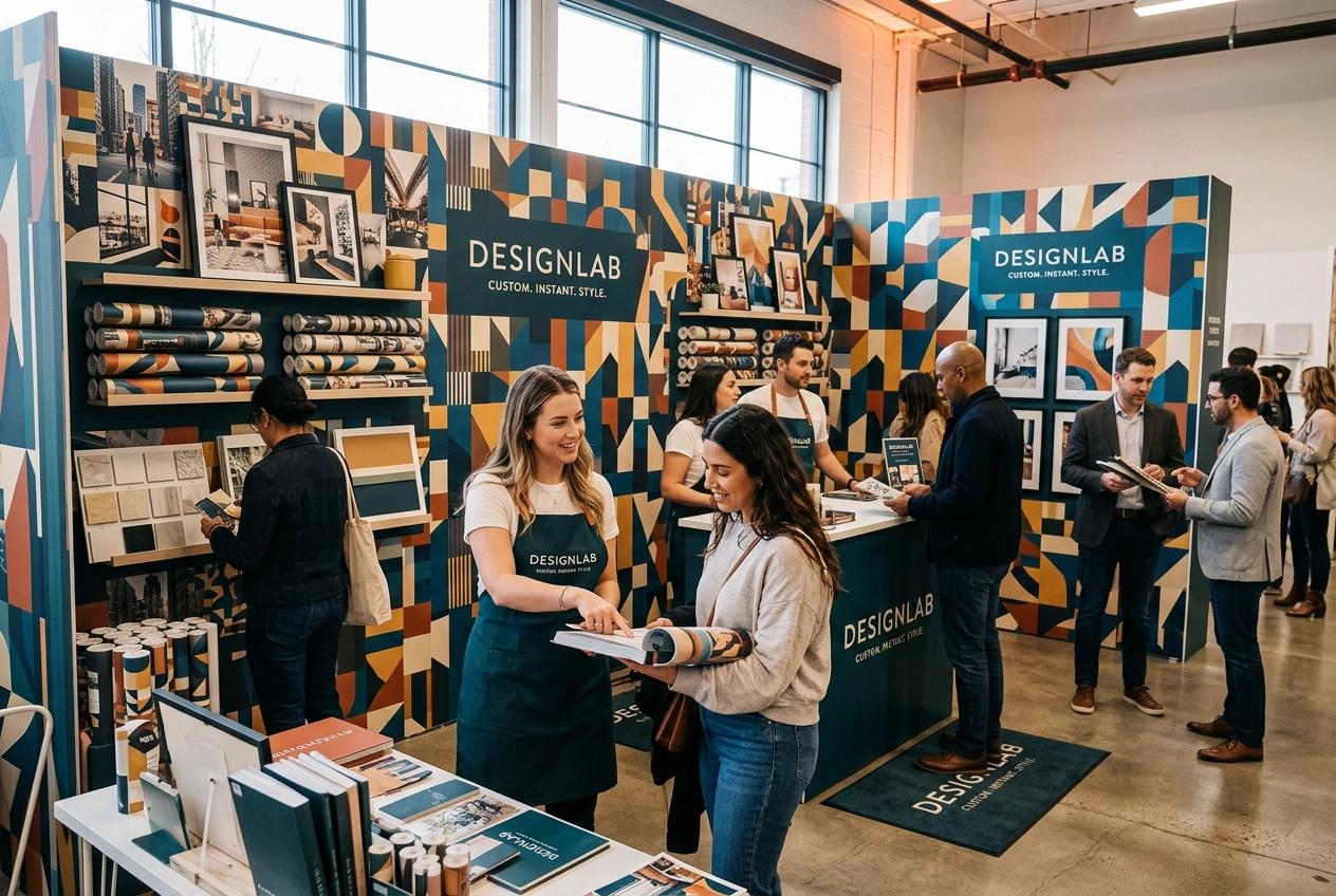 Pop-up retail event installation with custom peel-stick wallpaper