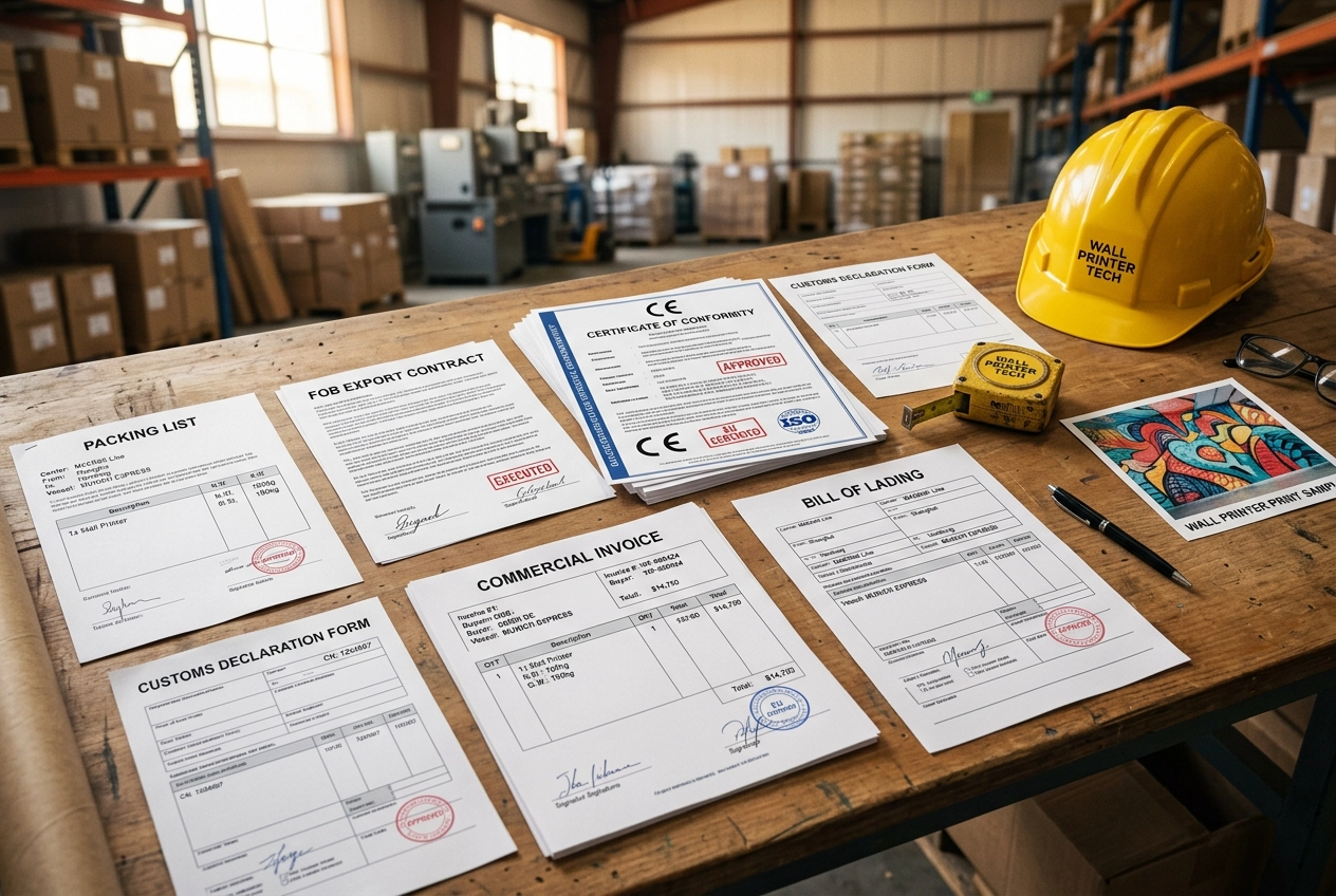 Wall printer shipping documentation and CE certification papers on a factory warehouse desk