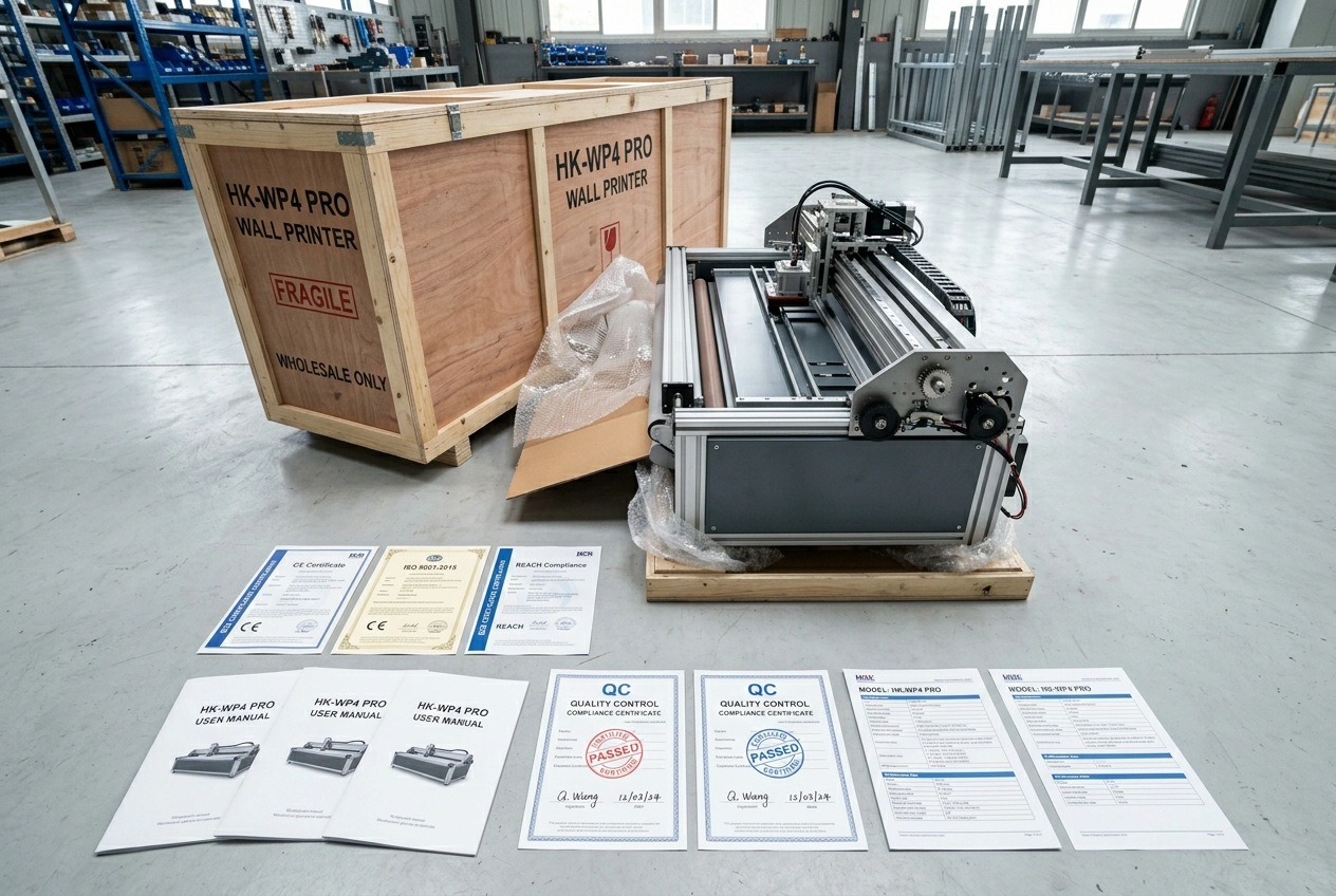 Wholesale wall printer unboxing showing certification documents, manual, and QC certificate laid out on factory floor