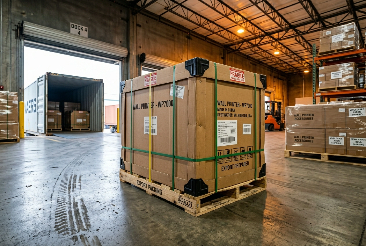 Wall printer export packing in reinforced export carton on pallet in loading warehouse ready for container