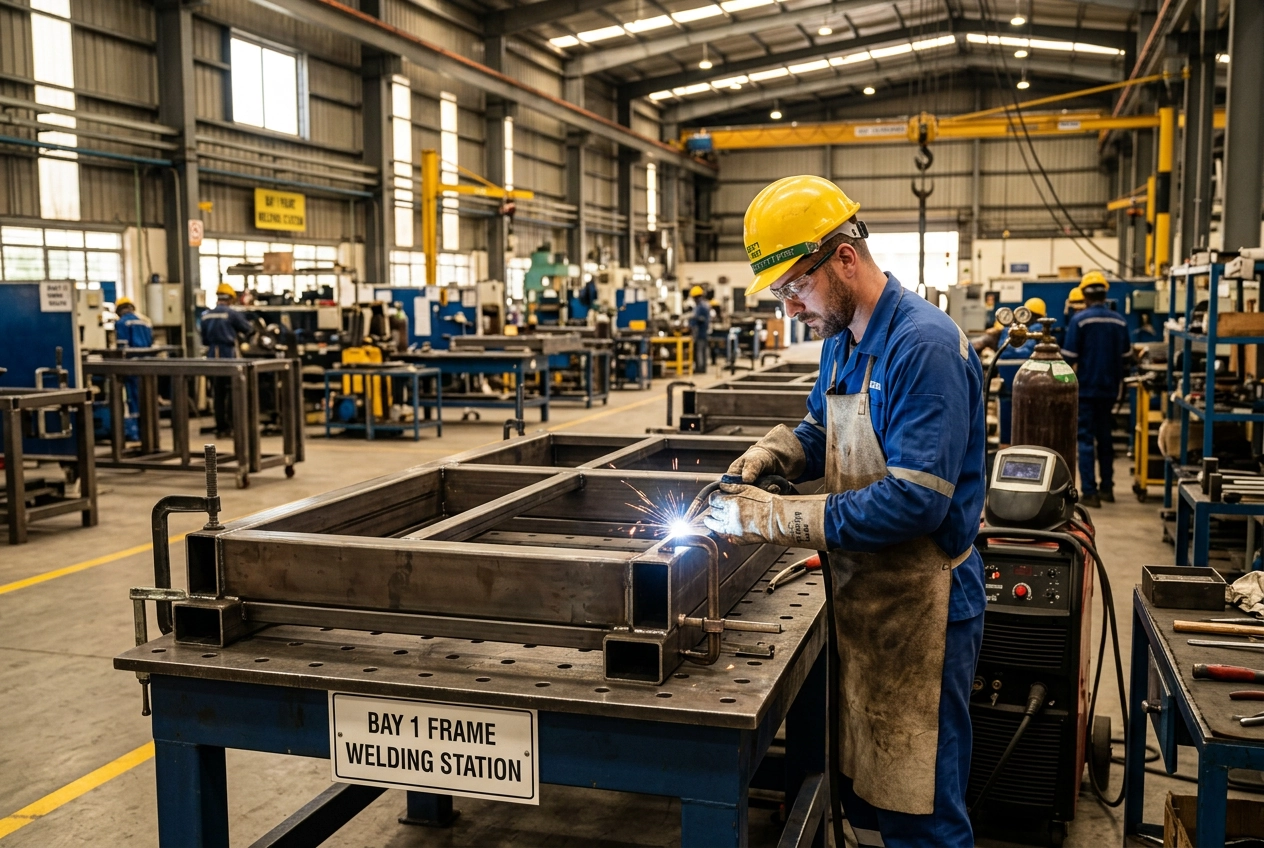 Wall printer factory production line worker assembling a chassis on the bay 1 frame welding station