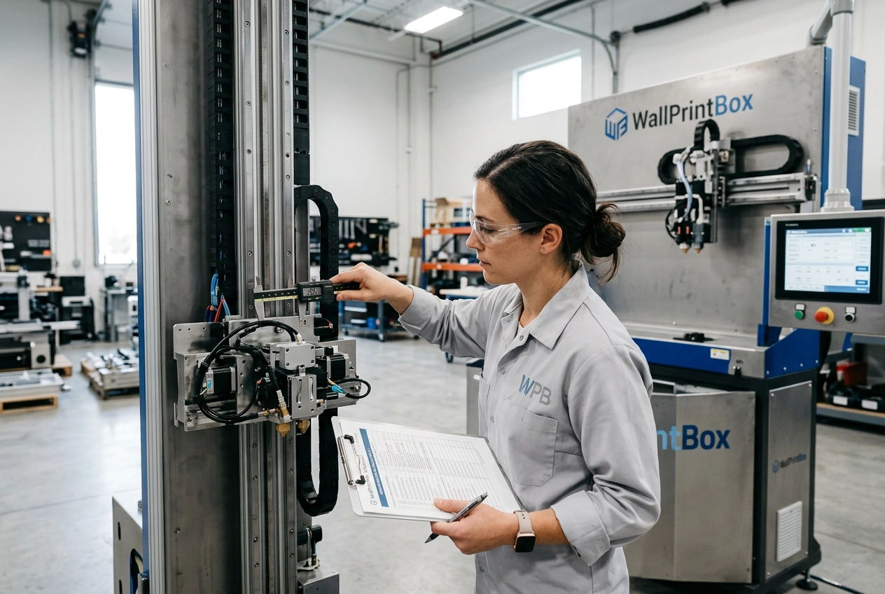 Quality control technician with caliper and inspection sheet next to a WallPrintBox wall printer unit