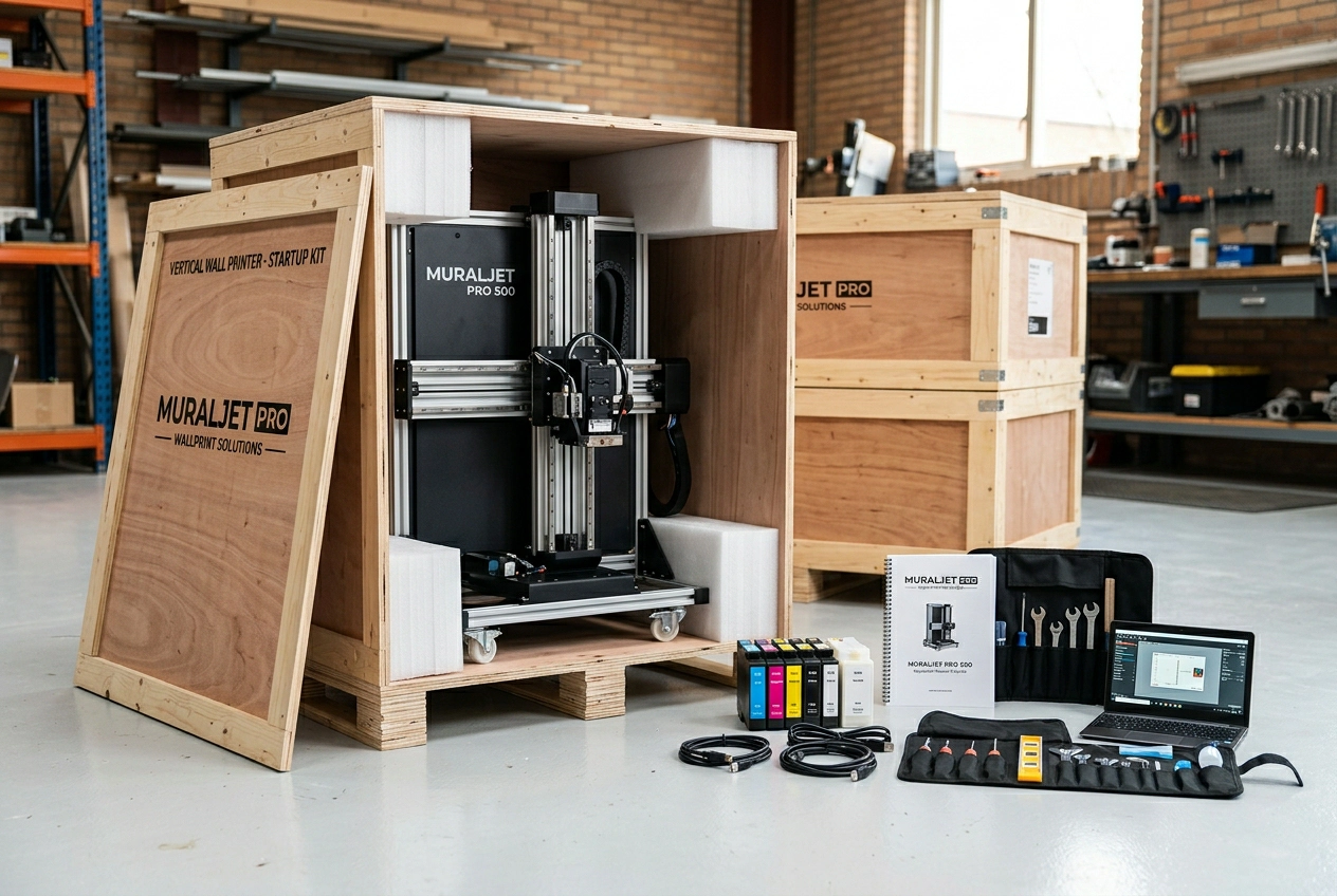 Wall printing machine crate and startup kit ready for operator