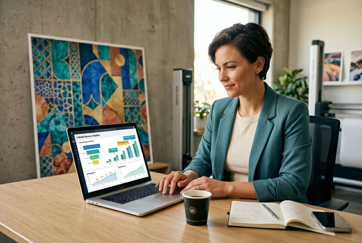 Wall printer business operator reviewing 6-month pipeline on laptop